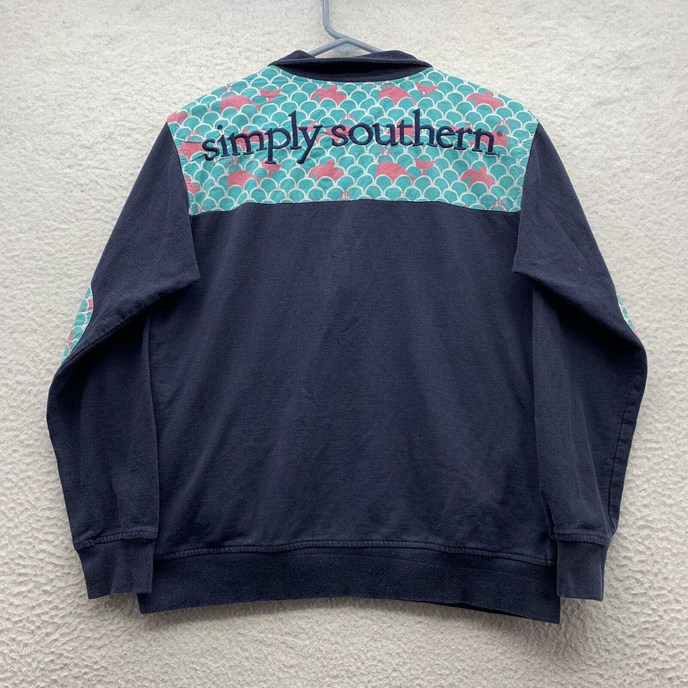 Simply Southern 1/4 Zip Jacket Womens XS Preppy Spellout Elbow Patch Navy Blue